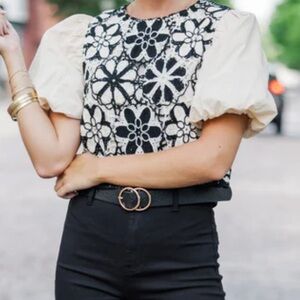 &Merci Crochet Bodice Balloon Puff Sleeve Top Blouse Black Ivory size Medium